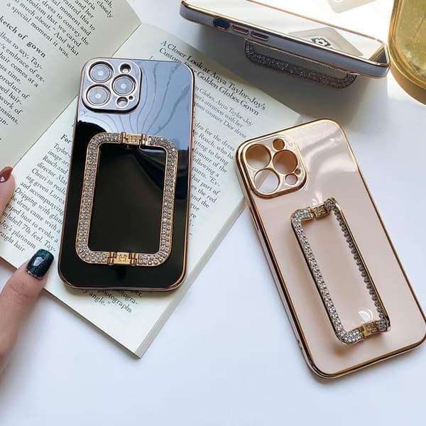 iPhone 13 Pro case handle with strass diamonds stand black white pink