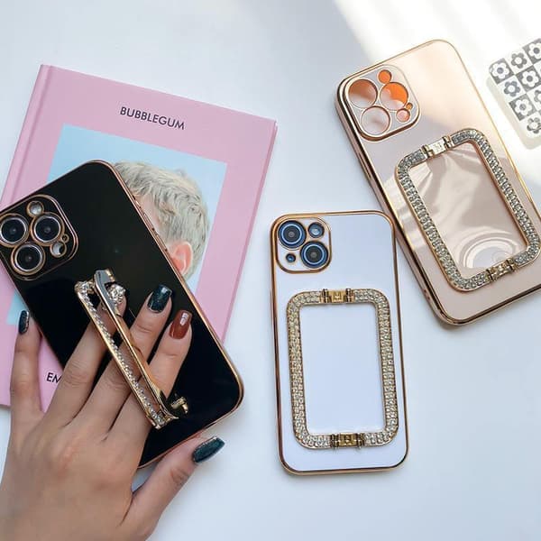 iPhone 13 Pro case handle with strass diamonds stand black white pink