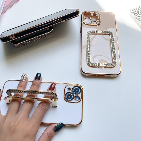 iPhone 13 Pro case handle with strass diamonds stand black white pink