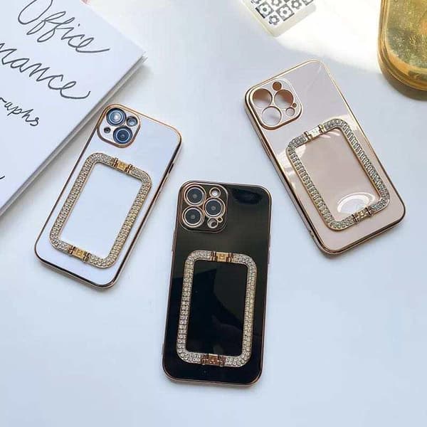 iPhone 13 Pro case handle with strass diamonds stand black white pink