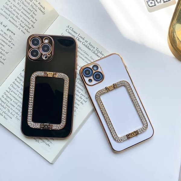 iPhone 13 Pro case handle with strass diamonds stand black white pink White