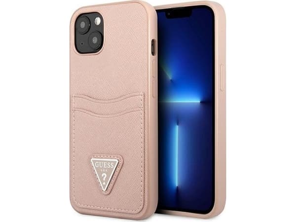 Guess GUHCP13MPSATPP iPhone 13 6.1 tuuman vaaleanpunainen / vaaleanpunainen kova kotelo SaffianoTriangle logo korttipaikkaan