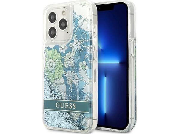 Dėklas Guess GUHCP13LLFLSN iPhone 13 Pro / 13 6.1 colio žalias/žalias kietas Flower Liquid Glitter