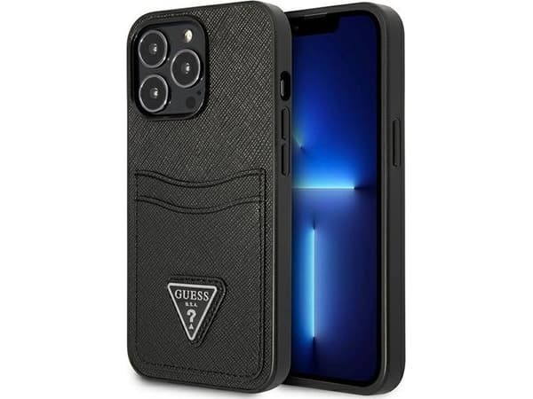 Originalt frontpaneldeksel GUESS GUHCP13LPSATPK for iPhone 13 PRO (Saffiano Double Card Triangle / Black)