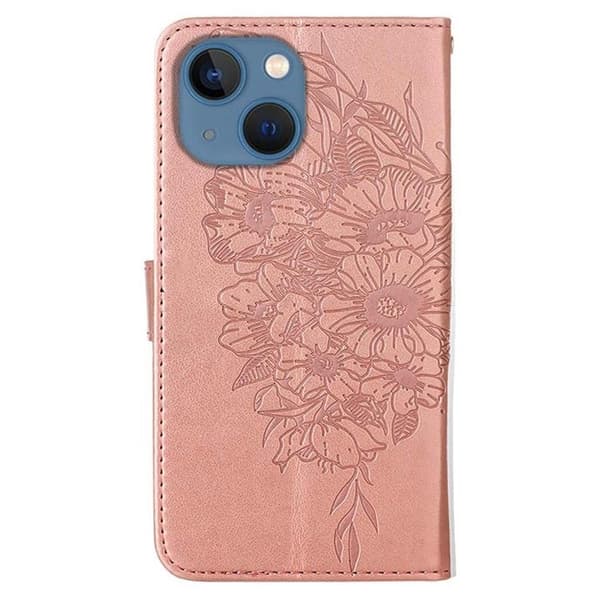 iPhone 14 Plus Plånboksfodral Butterfly Flower Imprinted - Rosa Guld