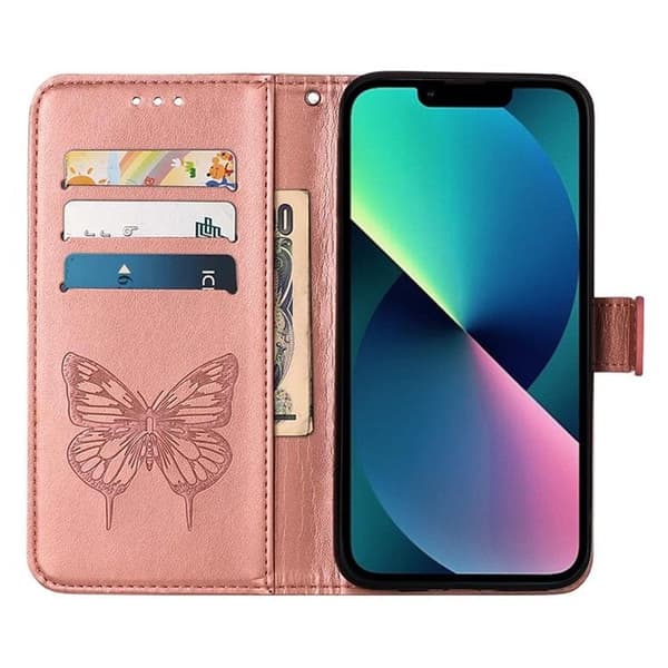 iPhone 14 Plus Plånboksfodral Butterfly Flower Imprinted - Rosa Guld