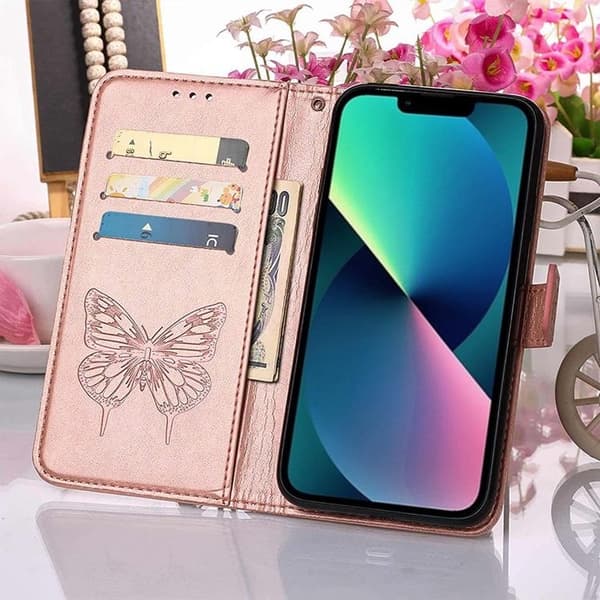 iPhone 14 Plus Plånboksfodral Butterfly Flower Imprinted - Rosa Guld