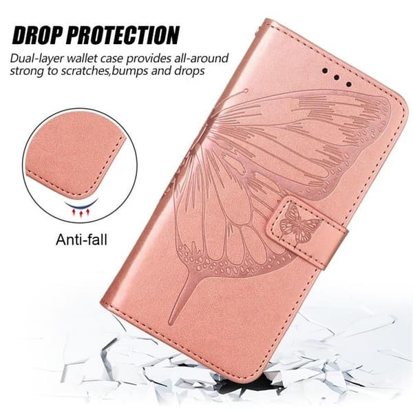 iPhone 14 Plus Plånboksfodral Butterfly Flower Imprinted - Rosa Guld