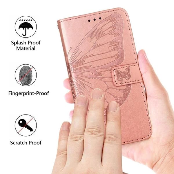 iPhone 14 Plus Plånboksfodral Butterfly Flower Imprinted - Rosa Guld