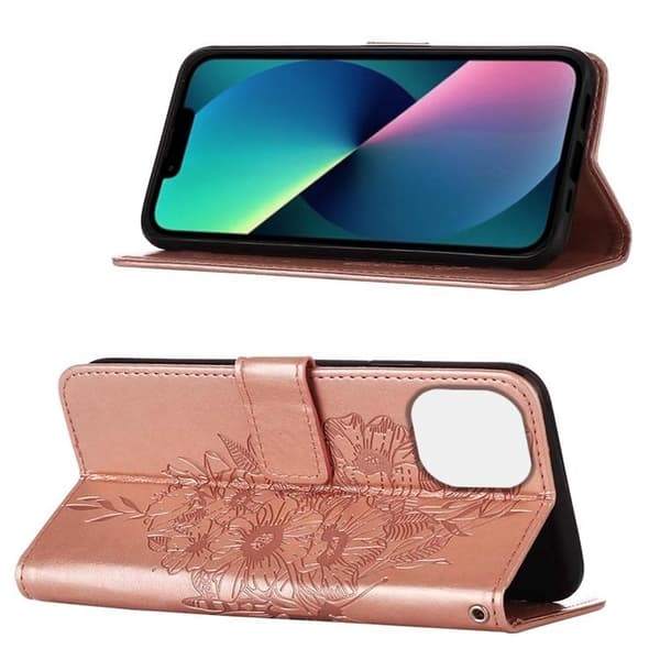 iPhone 14 Plus Plånboksfodral Butterfly Flower Imprinted - Rosa Guld