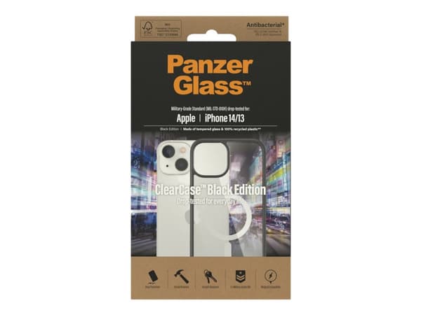 PanzerGlass ClearCase - Baksidesskydd för mobiltelefon - MagSafe-kompatibel - härdat glas, 100 % återvunnet material - svart - för Apple iPhone 14