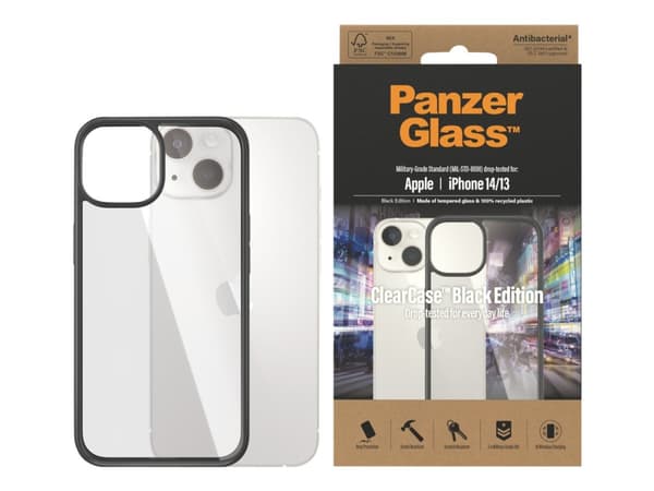 PanzerGlass HardCase - Black Edition - baksidesskydd för mobiltelefon - härdat glas, 100 % återvunnen plast - svart, transparent - för Apple iPhone 1