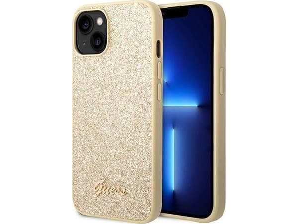 Äkta GUESS GUHCP14SHGGSHD Frontpanelskal för iPhone 14 (Glitter Flakes Script Metal Logo / Guld)