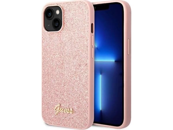 Original frontpaneldeksel GUESS GUHCP14MHGGSHP for iPhone 14 PLUS (Glitter Flakes Script metalllogo / rosa)