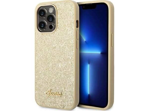 Originalt frontpaneldeksel GUESS GUHCP14XHGGSHK for iPhone 14 PRO MAX (Glitter Flakes Script metalllogo / svart)