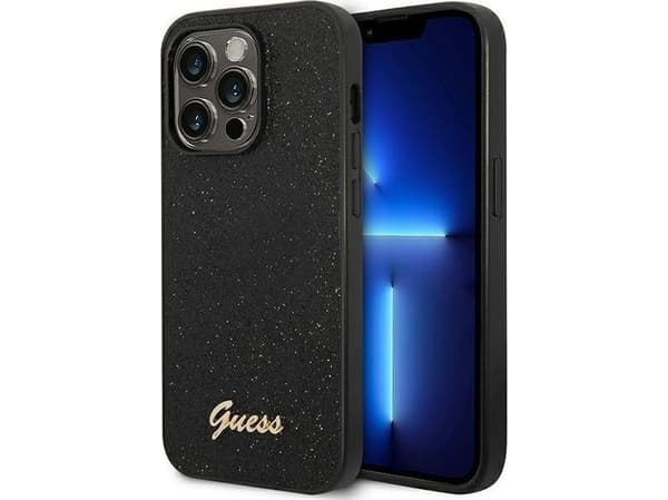 Originalt frontpaneldeksel GUESS GUHCP14XHGGSHK for iPhone 14 PRO MAX (Glitter Flakes Script metalllogo / svart)
