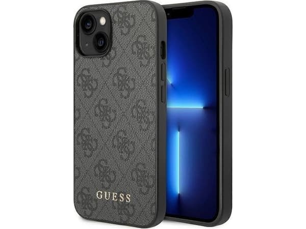 Originalt frontpaneldeksel GUESS GUHCP14SG4GFGR for iPhone 14 (4G gulllogo / grå)