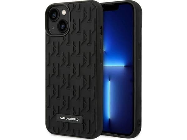 Originalt frontpaneldeksel Karl Lagerfeld KLHCP14MRUPKLPK for iPhone 14 PLUS (3D gummideksel monogrammønster metallplate / svart)