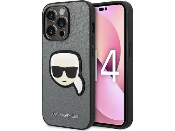 Aito Karl Lagerfeld KLHCP14LSAPKHG etupaneeli tapauksessa iPhone 14 PRO (Saffiano Karl Head Patch / hopea)