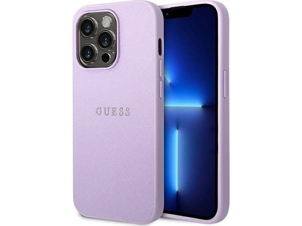 Originalt frontpaneldeksel GUESS GUHCP14LPSASBPU for iPhone 14 PRO (Saffiano med metalllogo/lilla)