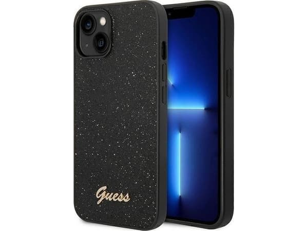 Aito GUESS GUHCP14MHGGSHHK Etupaneeli Kotelo iPhone 14 PLUS (Glitter Flakes Script Metal Logo / Musta)