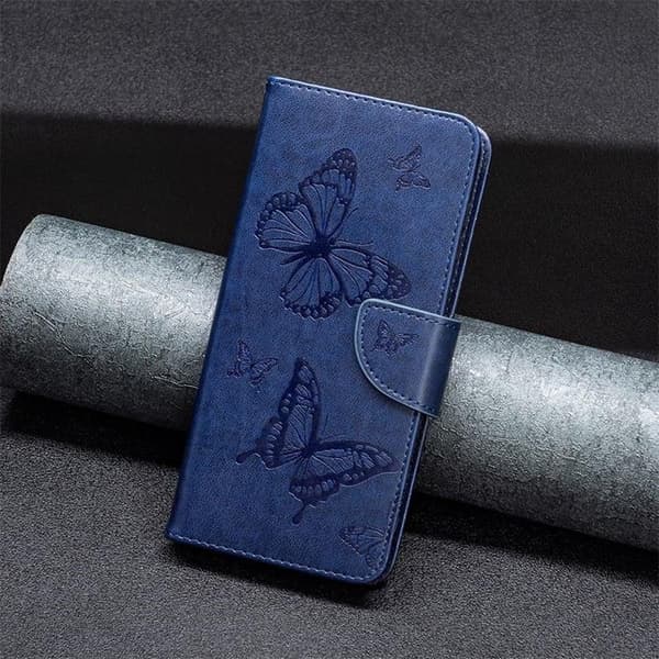 iPhone 14 Plus Plånboksfodral Butterfly Imprinted - Mörkblå