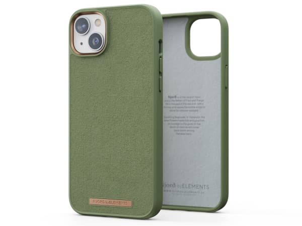 Njorð byELEMENTS Suede Comfort+ - Baksidesskydd för mobiltelefon - MagSafe-kompatibilitet - mocka, 100 % återvunnen plast - oliv - för Apple iPhone 1