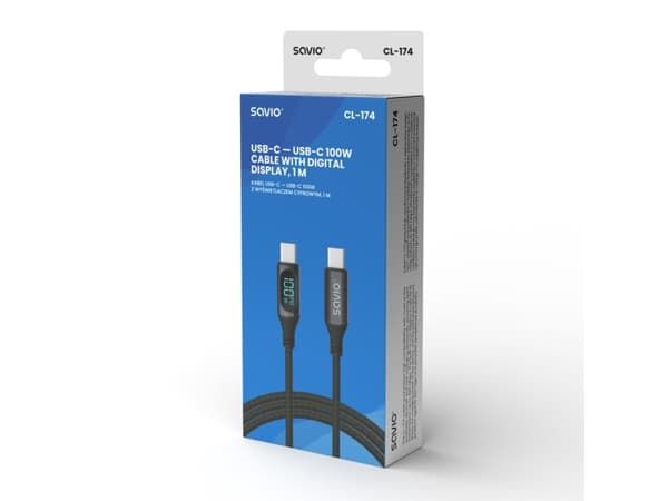 Savio USB-C - USB-C cable with display CL-174 1 m black, 1 m, USB C, USB C, USB 3.2 Gen 1 (3.1 Gen 1), Black