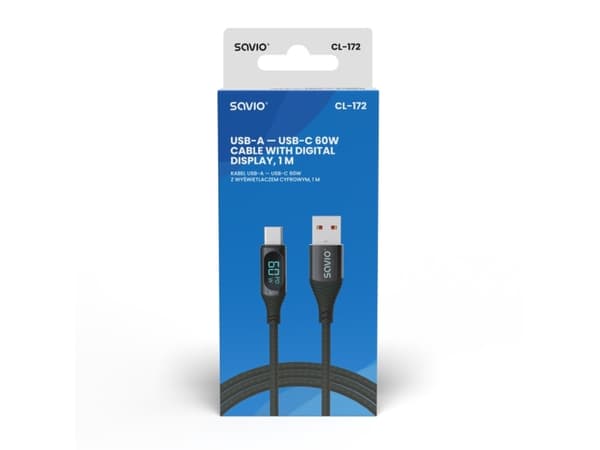 SAVIO CL-172 USB-USB-C 1m kaapeli, jossa on digitaalinen näyttö