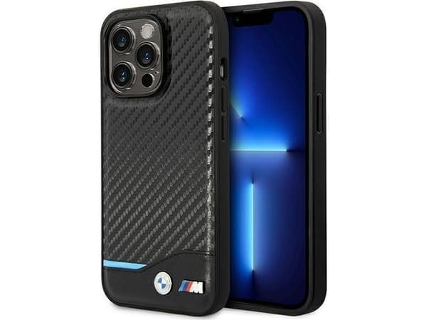 alkuperäinen BMW BMHCP14L22NBCK etupaneeli tapauksessa iPhone 14 Pro (Carbon Case pohja vaakasuora sininen viiva ja painettu logo / musta)