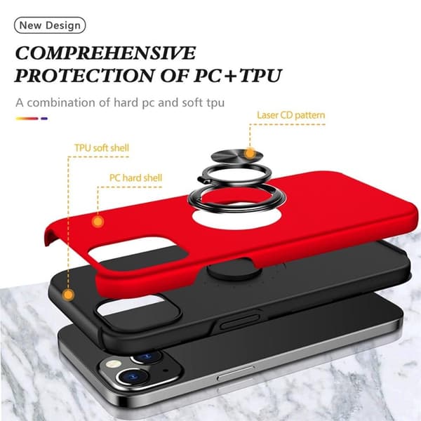 iPhone 14 Finger Ring Kickstand Hybrid Case - Red