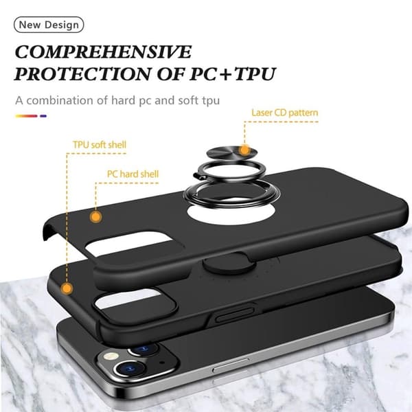 iPhone 14 Fingerring Kickstand Hybrid Taske - Sort