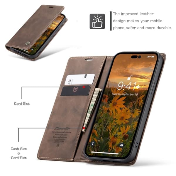 CASEME Retro tegnebog taske til iPhone 14 Pro Max - Mørkebrun