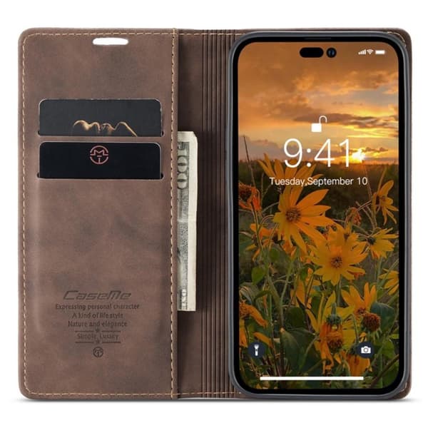 CASEME Retro tegnebog taske til iPhone 14 Pro Max - Mørkebrun