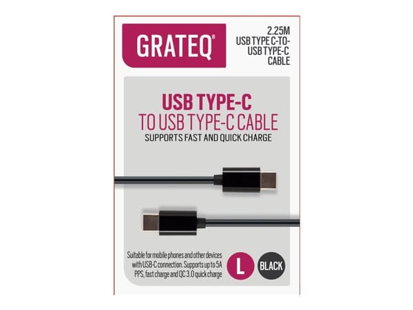 GRATEQ - USB-kabel - 24 pin USB-C (han) til 24 pin USB-C (han) - 3 A - 2,25 m - sort