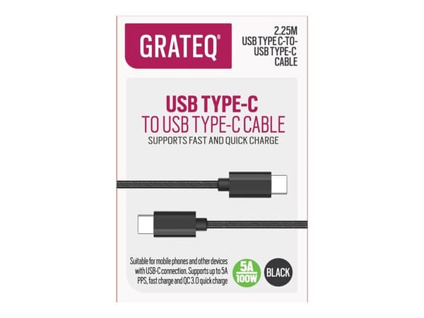 GRATEQ - USB-kabel - 24 pin USB-C (han) til 24 pin USB-C (han) - 3 A - 2,25 m - sort