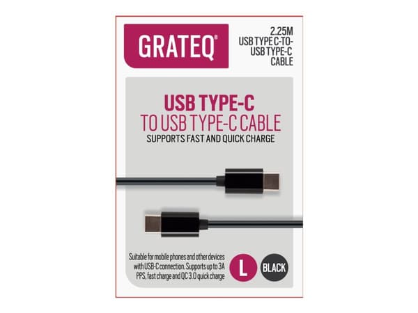 GRATEQ - USB-kabel - 24 pin USB-C (han) til 24 pin USB-C (han) - 3 A - 2,25 m - sort
