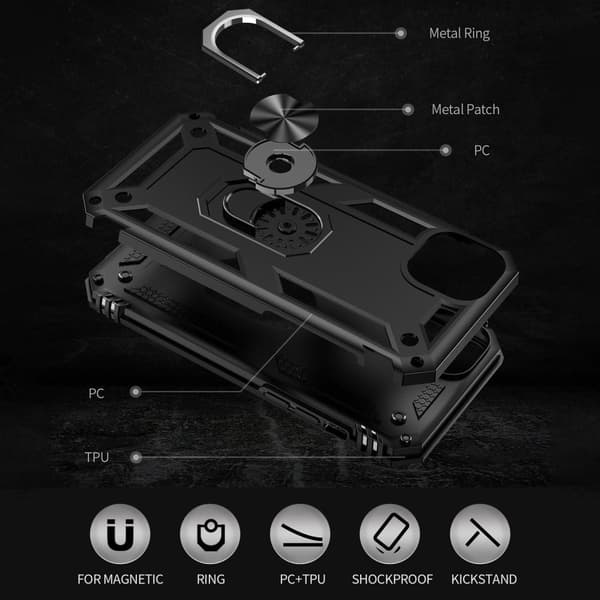 iPhone 14 Stødsikker TPU + PC Kickstand Telefonetui Bilmonteret Metalplade - Sort