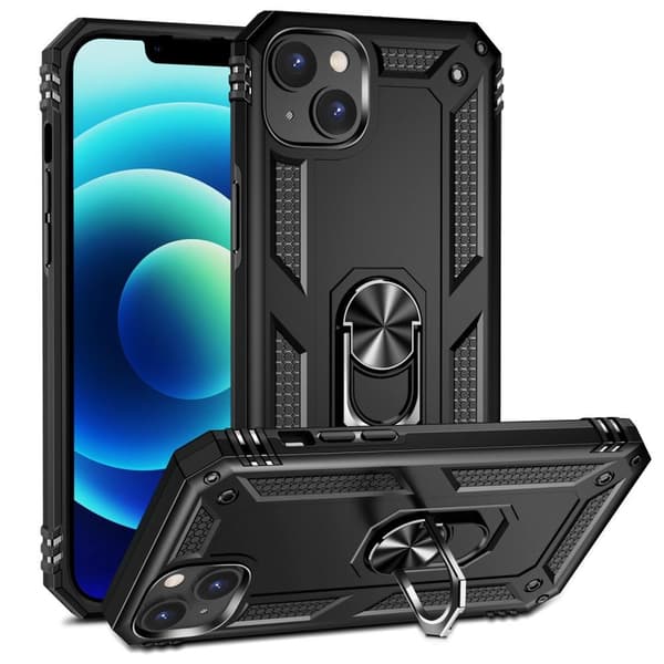 iPhone 14 Stødsikker TPU + PC Kickstand Telefonetui Bilmonteret Metalplade - Sort