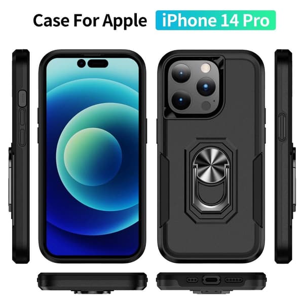 iPhone 14 Pro Stødsikker TPU + PC Kickstand Telefontaske Bilmontering Metalplade - Sort