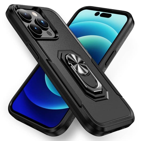 iPhone 14 Pro Shockproof TPU + PC Kickstand Phone Case Car Mount Metal Sheet - Black