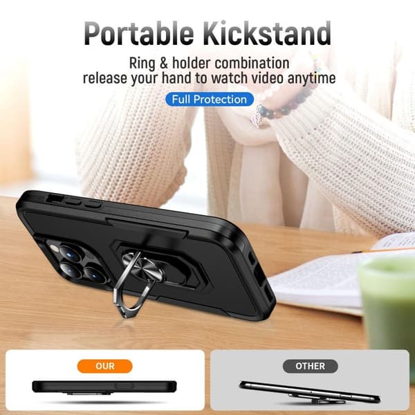 iPhone 14 Pro Shockproof TPU + PC Kickstand Phone Case Car Mount Metal Sheet - Black