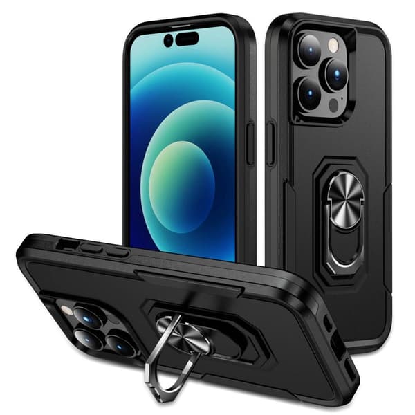 iPhone 14 Pro Shockproof TPU + PC Kickstand Phone Case Car Mount Metal Sheet - Black