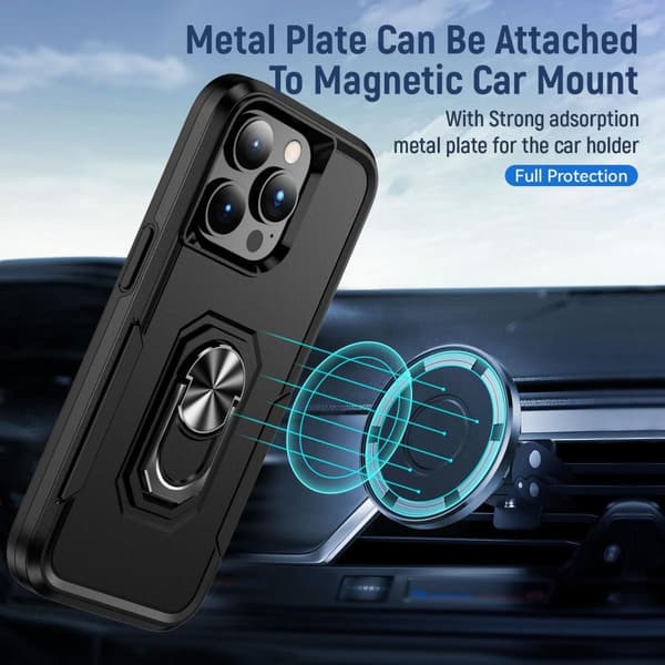iPhone 14 Pro Max Hybrid skal med Finger Ring & Metall Plåt - Svart