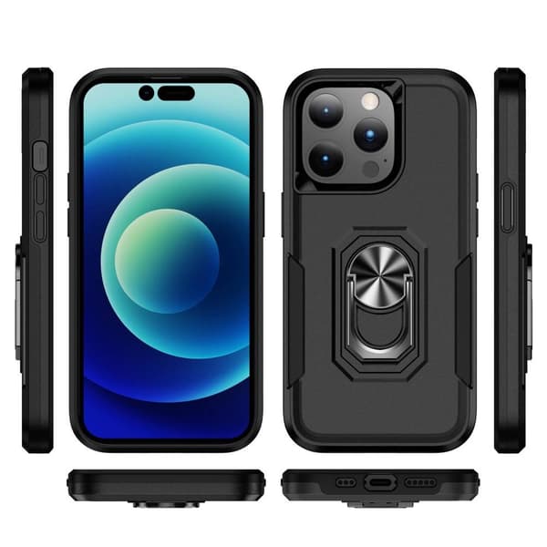 iPhone 14 Pro Max Hybrid skal med Finger Ring & Metall Plåt - Svart