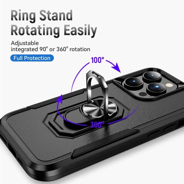 iPhone 14 Pro Max Hybrid skal med Finger Ring & Metall Plåt - Svart