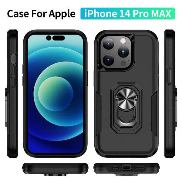 iPhone 14 Pro Max Hybrid skal med Finger Ring & Metall Plåt - Svart