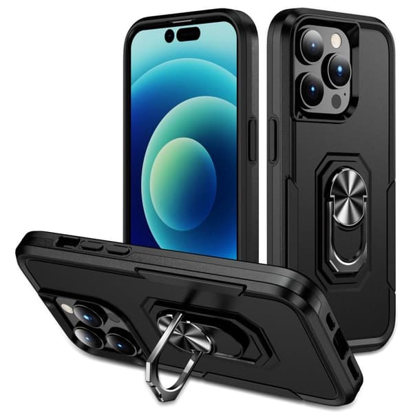 iPhone 14 Pro Max Hybrid skal med Finger Ring & Metall Plåt - Svart