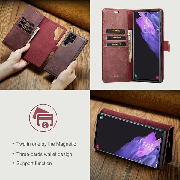DG.MING 2-in-1 Magnet Wallet Samsung Galaxy S22 Ultra Red