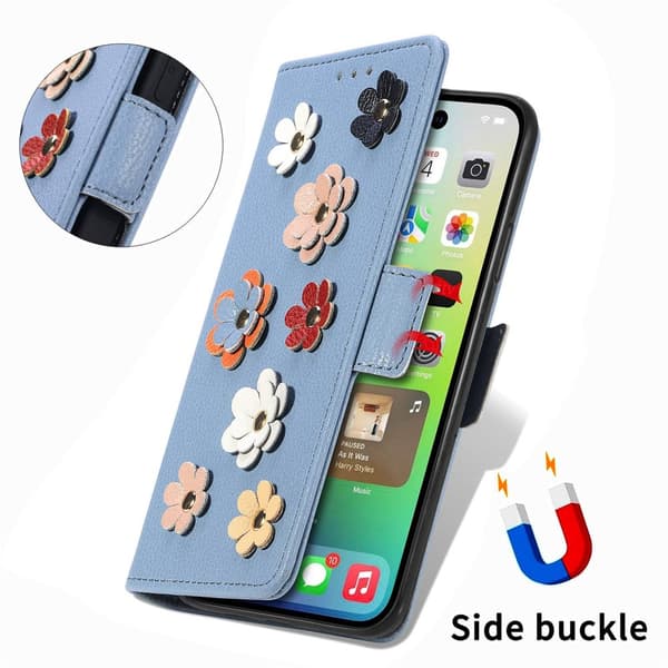 iPhone 14 Pro Max Plånboksfodral Blommor Blå
